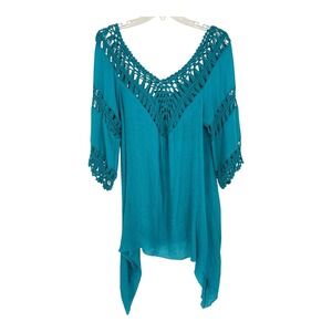 Boho Crochet Tunic Top Teal V Neck Flowy Sharkbite Hem Gauze Festival Blouse